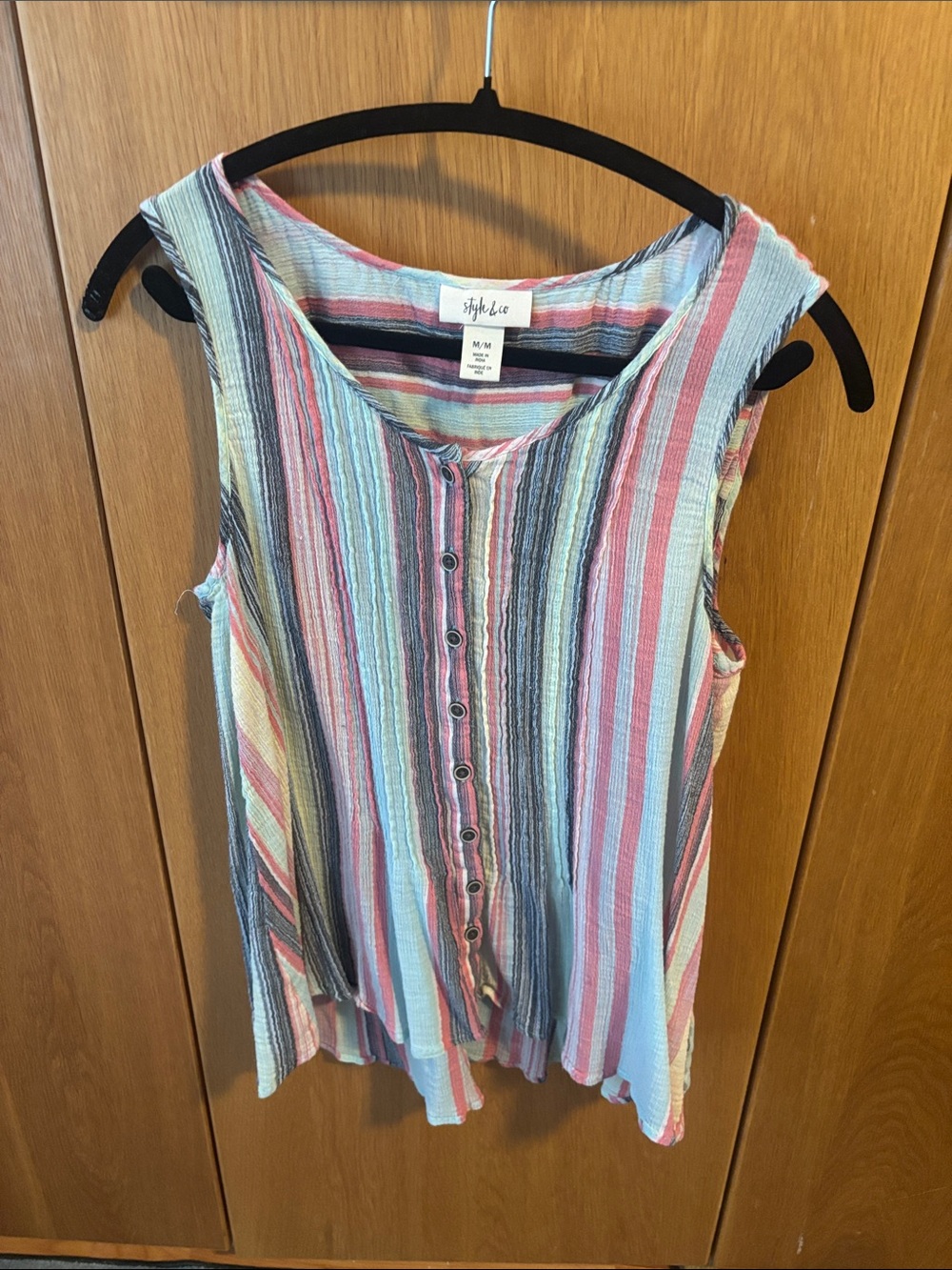 Style & Co. Sleeveless Button-Front Striped Tank — Pink, Blue, Gray